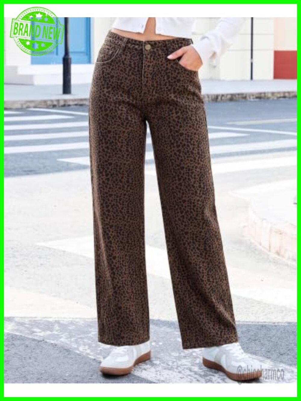 Womens Wide Leg High Waist Stretchy Leopard Print Jeans - Picture 5 of 6
